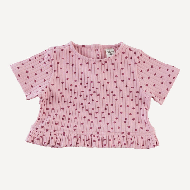 short sleeve cropped ruffle tee + flare pant set | mauve dot | organic cotton wide rib