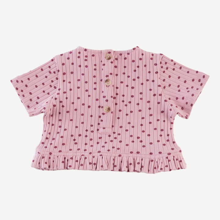short sleeve cropped ruffle tee + flare pant set | mauve dot | organic cotton wide rib