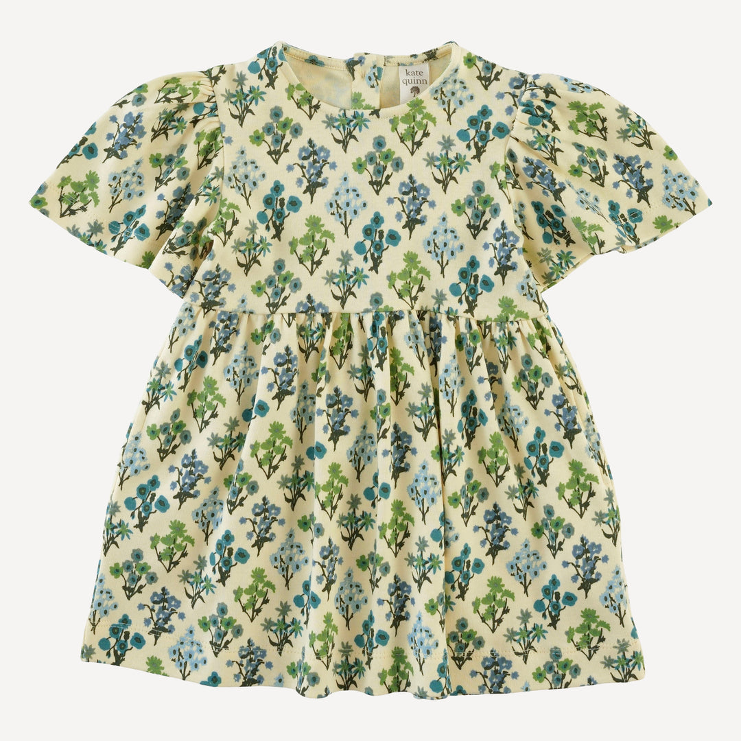 bell sleeve dress | blue floral bouquet | organic cotton interlock