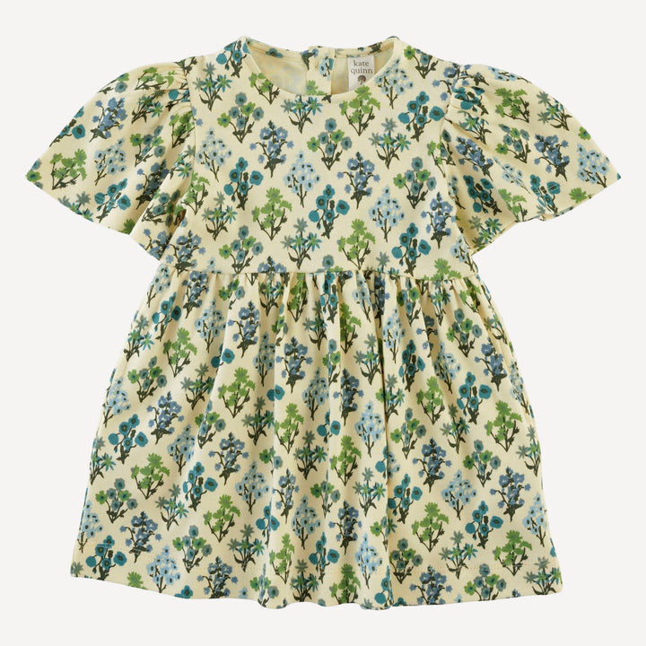 bell sleeve dress | blue floral bouquet | organic cotton interlock