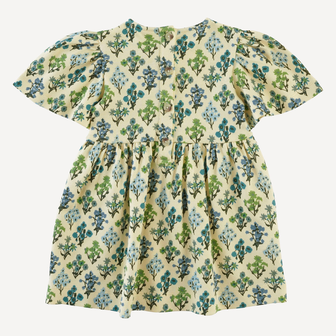 bell sleeve dress | blue floral bouquet | organic cotton interlock