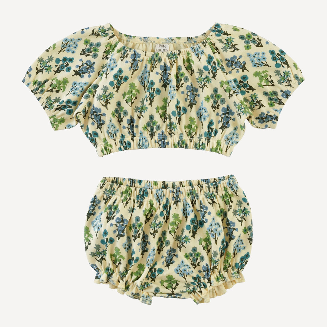 2 piece bubble sunsuit | blue floral bouquet | organic cotton interlock