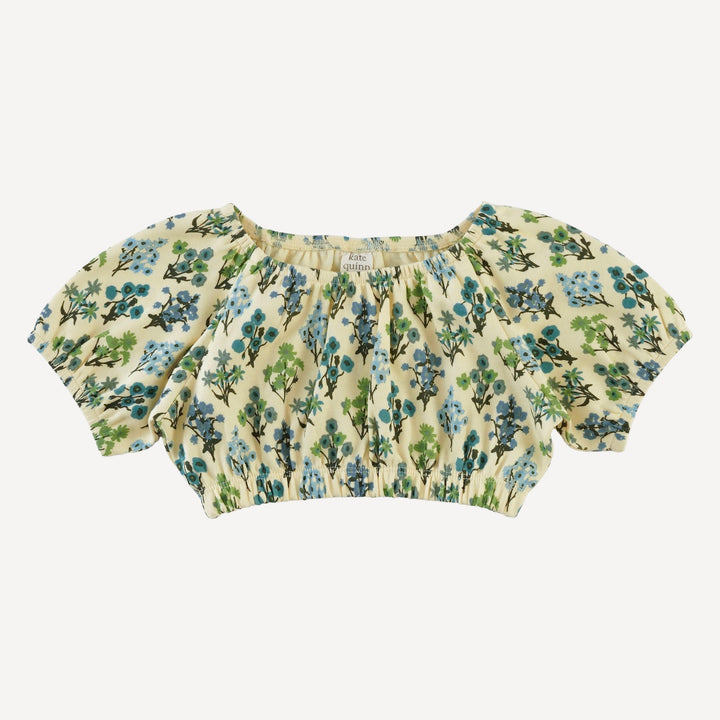 2 piece bubble sunsuit | blue floral bouquet | organic cotton interlock