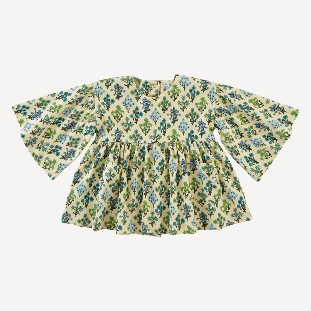 bell sleeve gathered tunic | blue floral bouquet | organic cotton interlock
