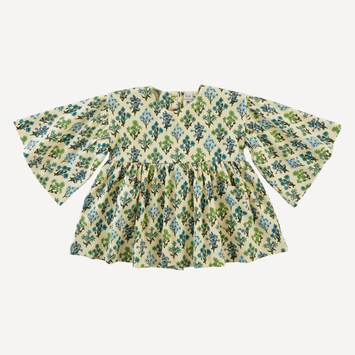 bell sleeve gathered tunic | blue floral bouquet | organic cotton interlock