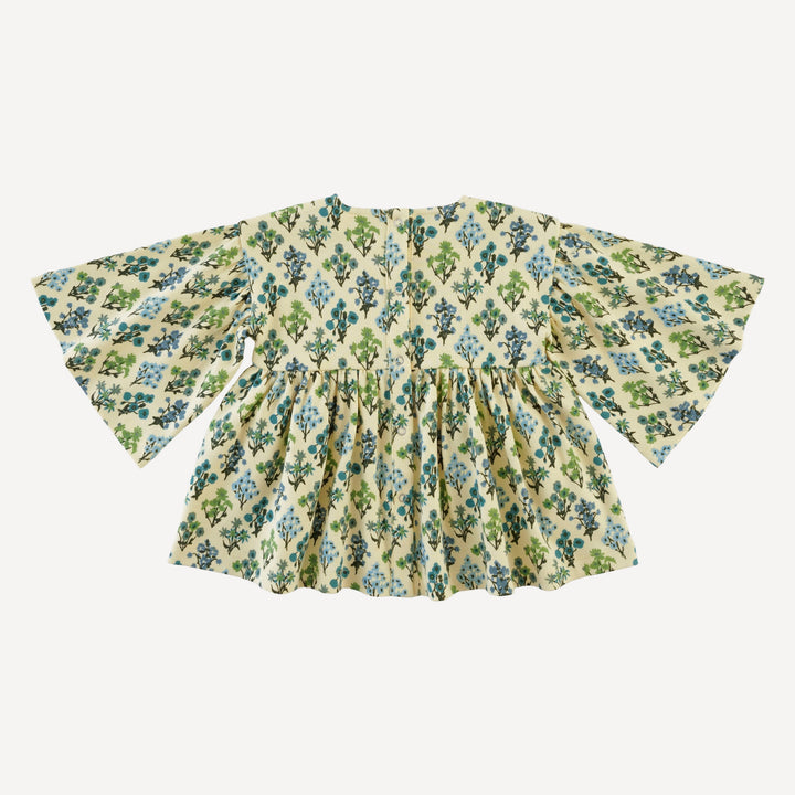 bell sleeve gathered tunic | blue floral bouquet | organic cotton interlock