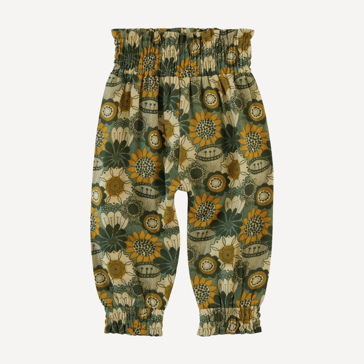 smocked waist bubble pant | honey mustard flower doodles | organic cotton gauze