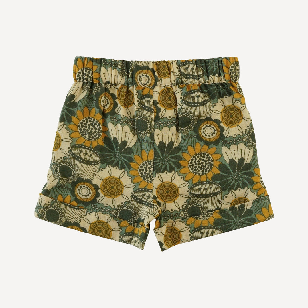 cuffed pocket short | honey mustard flower doodles | organic cotton gauze