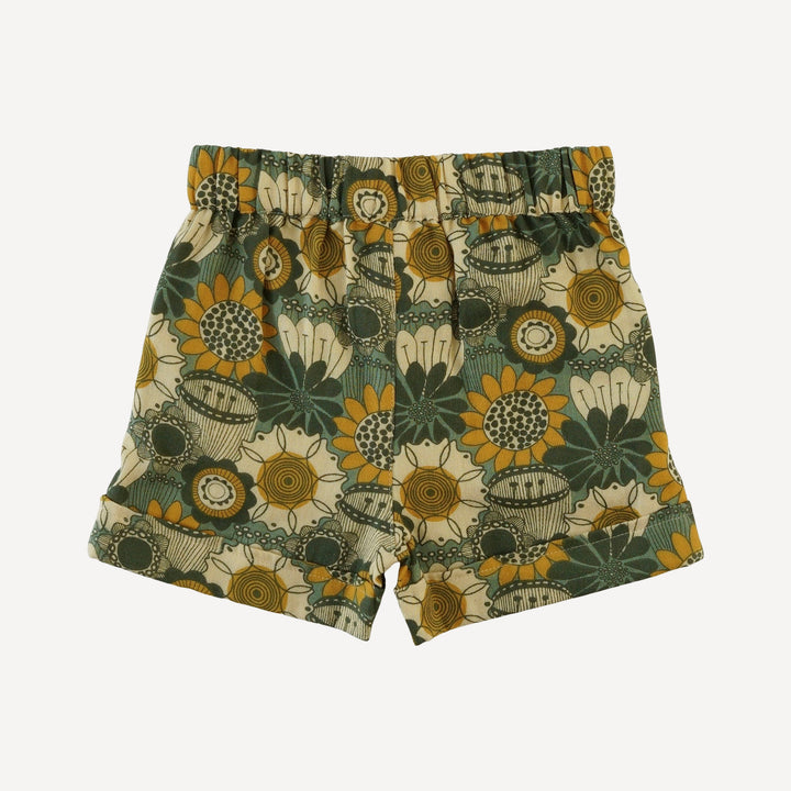 cuffed pocket short | honey mustard flower doodles | organic cotton gauze