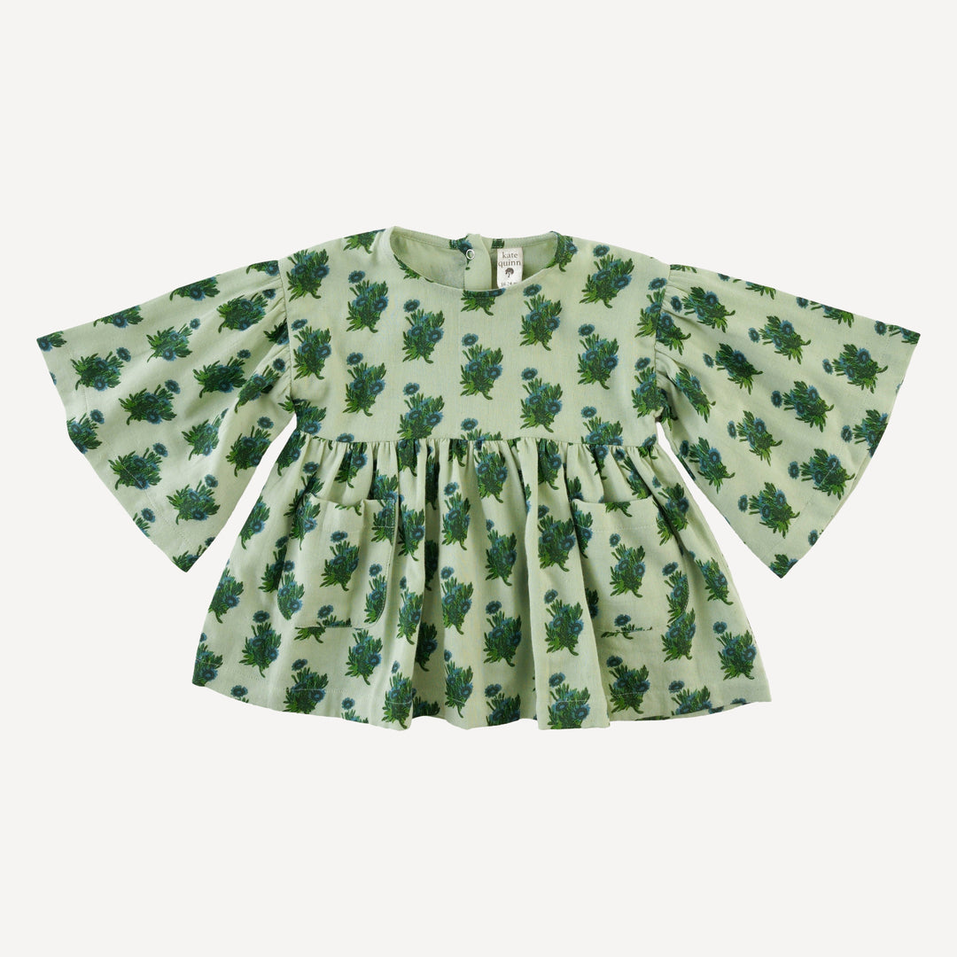 bell sleeve gathered tunic | blue tiny calendula | organic cotton gauze