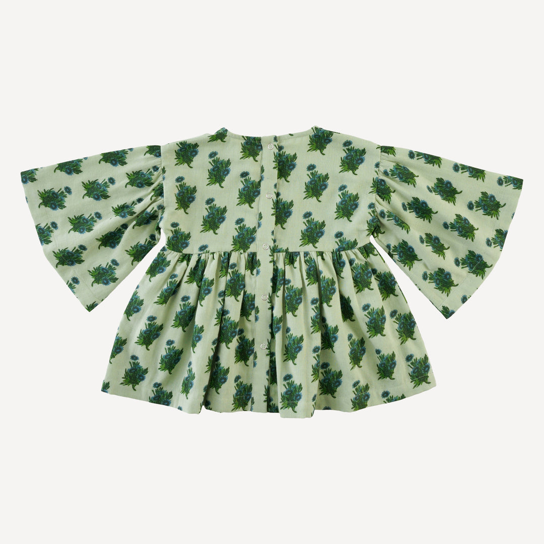 bell sleeve gathered tunic | blue tiny calendula | organic cotton gauze