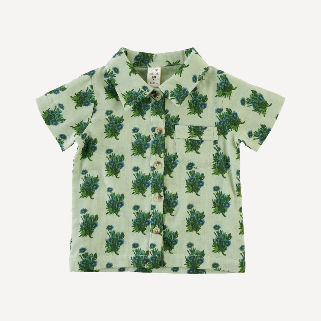 short sleeve vintage collar button shirt | blue tiny calendula | organic cotton gauze