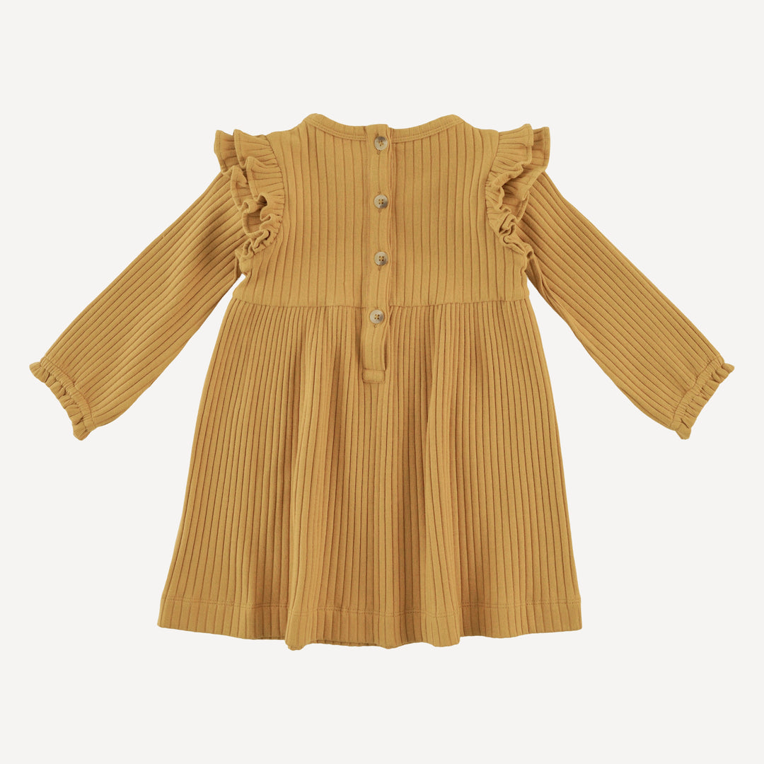 long sleeve double ruffle dress | honey mustard | organic cotton wide rib
