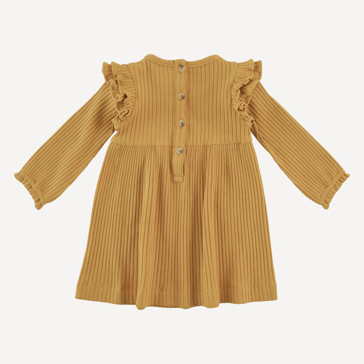 long sleeve double ruffle dress | honey mustard | organic cotton wide rib