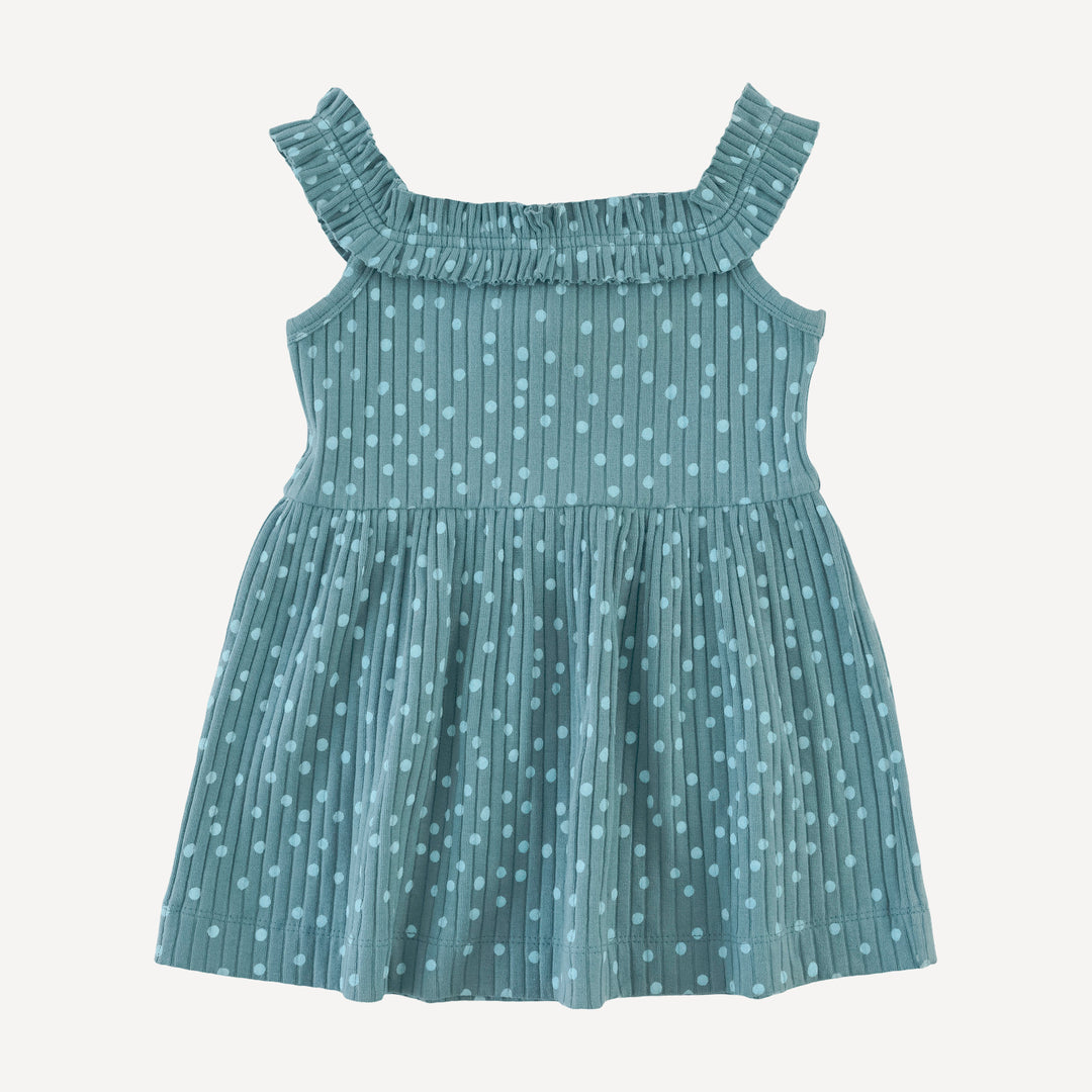 ruffle square neck dress | blue dot | organic cotton wide rib