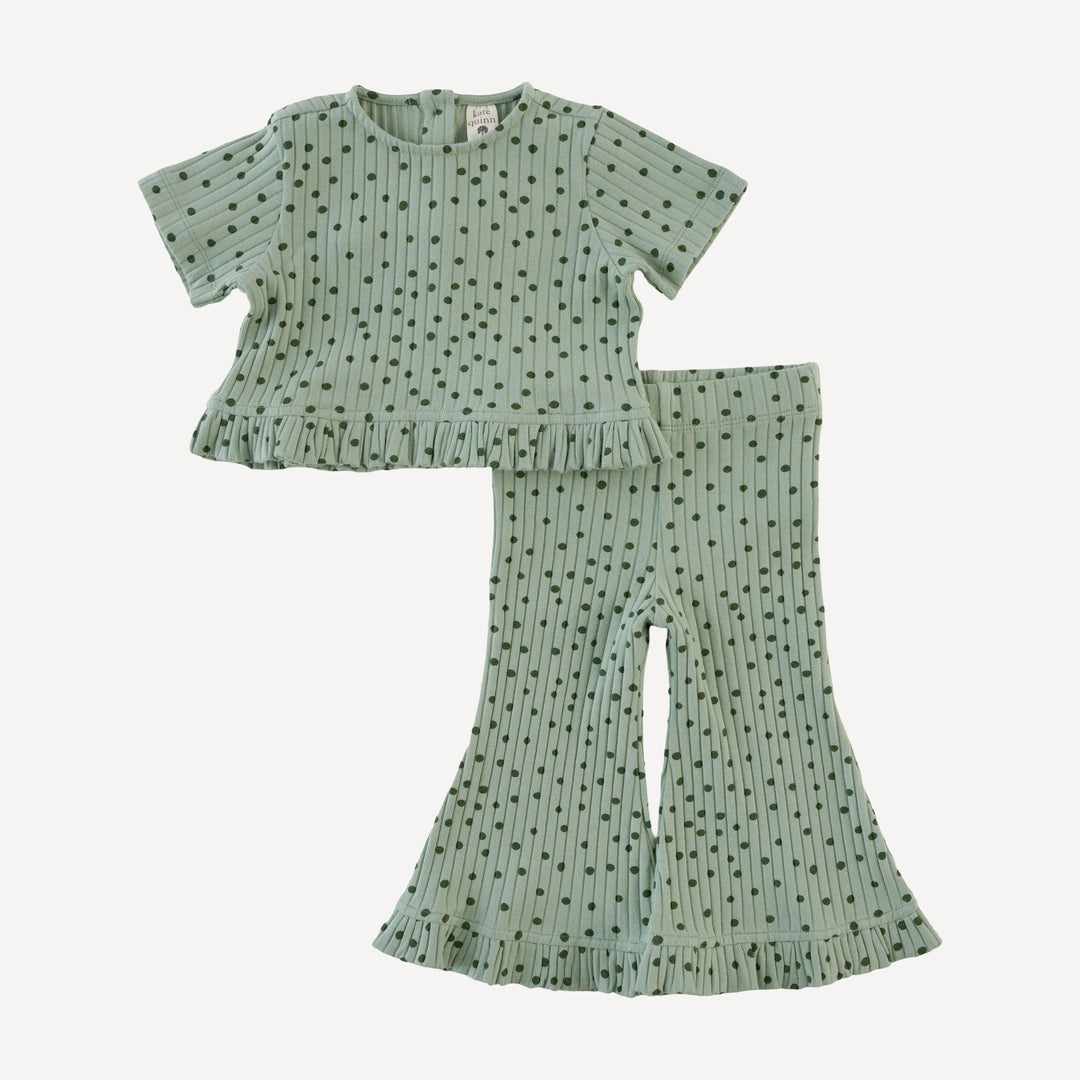 short sleeve cropped ruffle tee + flare pant set | iceberg dot | organic cotton wide rib