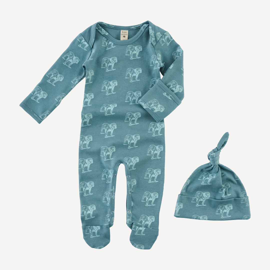 long sleeve lap neck footie + knot hat set | blue bulldog | organic cotton interlock