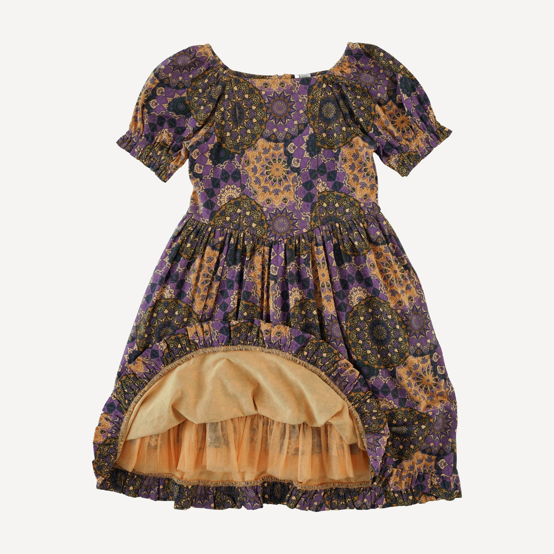 short sleeve puff sleeve v waist princess dress | purple mandala | bamboo
