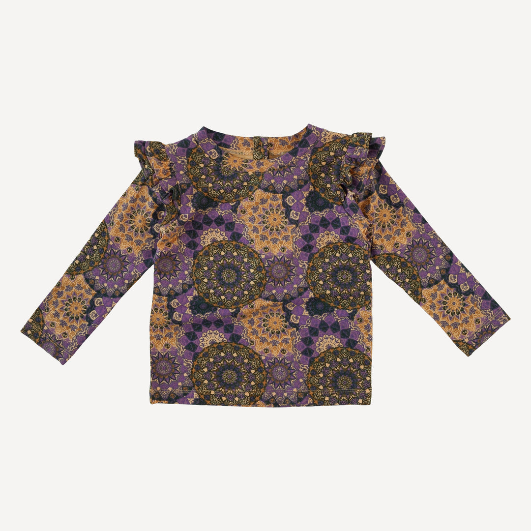 double ruffle shoulder top | purple mandala | bamboo