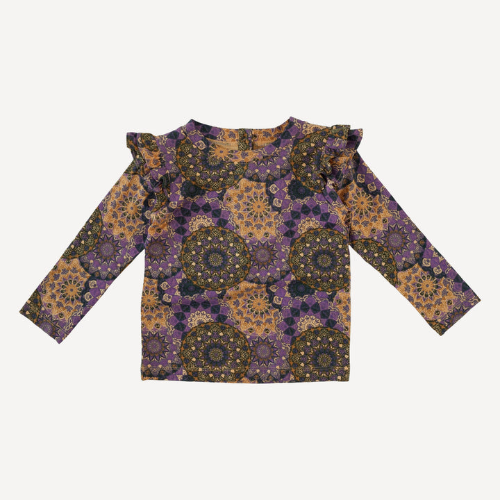double ruffle shoulder top | purple mandala | bamboo