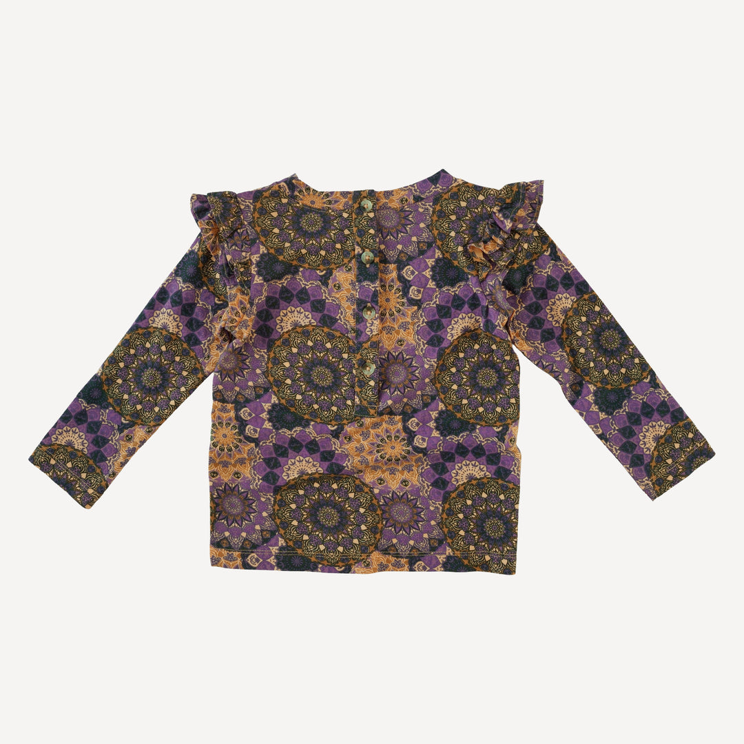 double ruffle shoulder top | purple mandala | bamboo