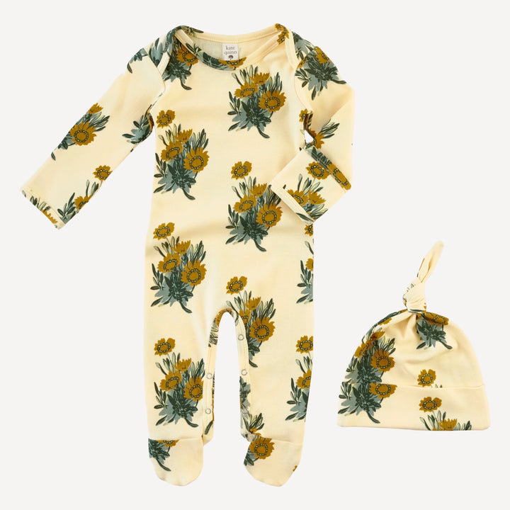 long sleeve lap neck footie + knot hat set | calendula | organic cotton interlock