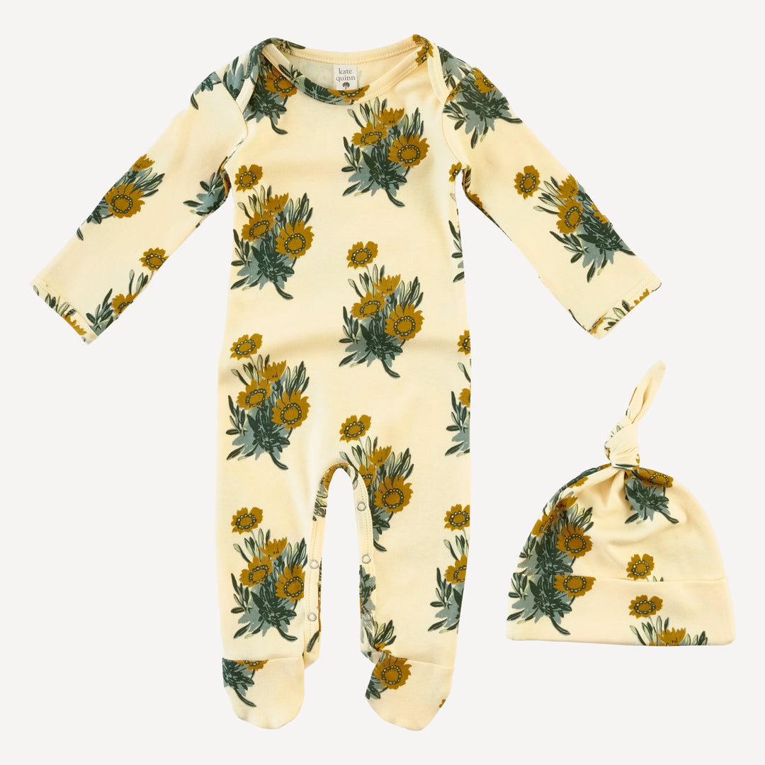 long sleeve lap neck footie + knot hat set | calendula | organic cotton interlock