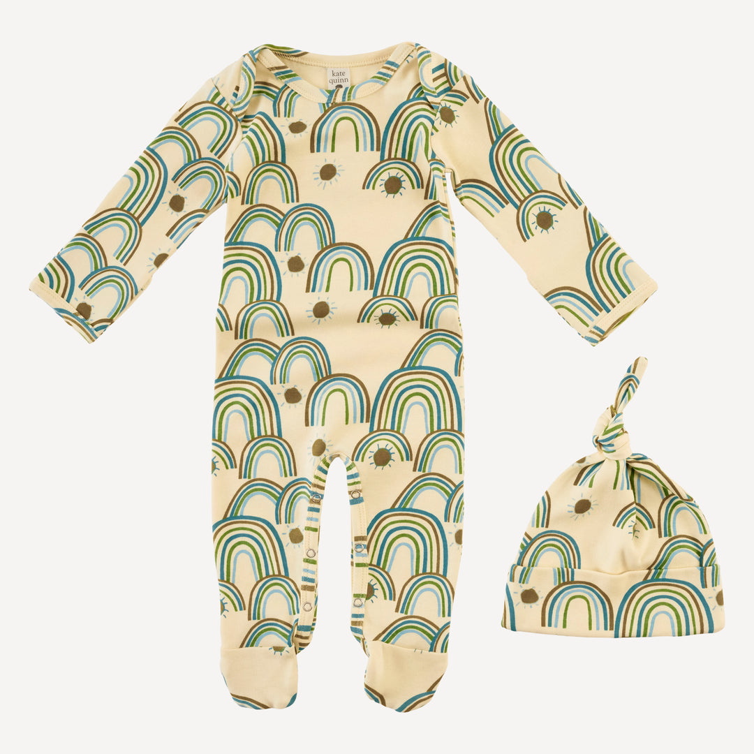 long sleeve lap neck footie + knot hat set | multi rainbow | organic cotton interlock