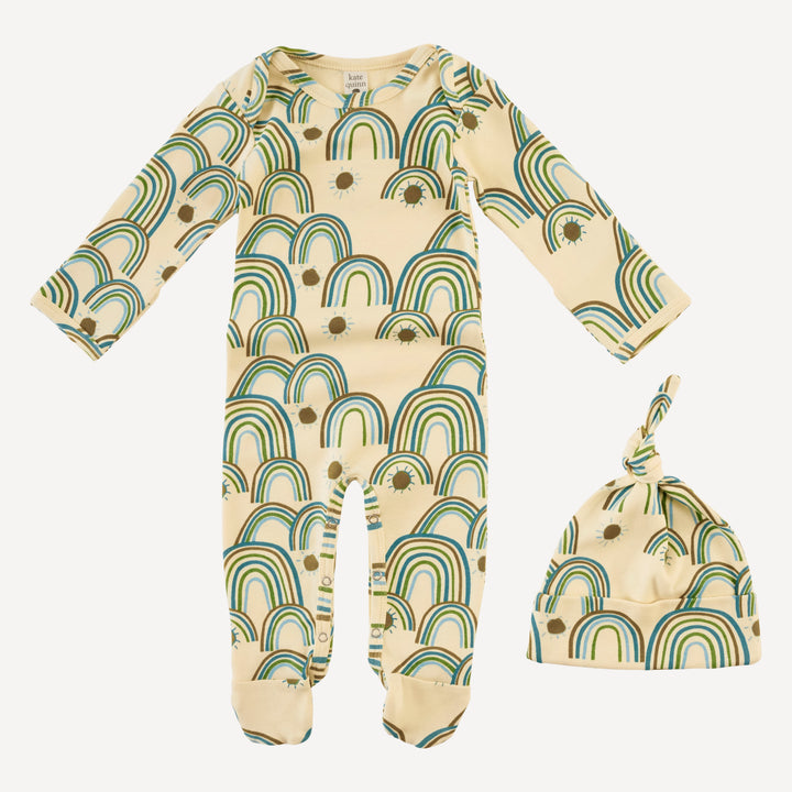 long sleeve lap neck footie + knot hat set | multi rainbow | organic cotton interlock