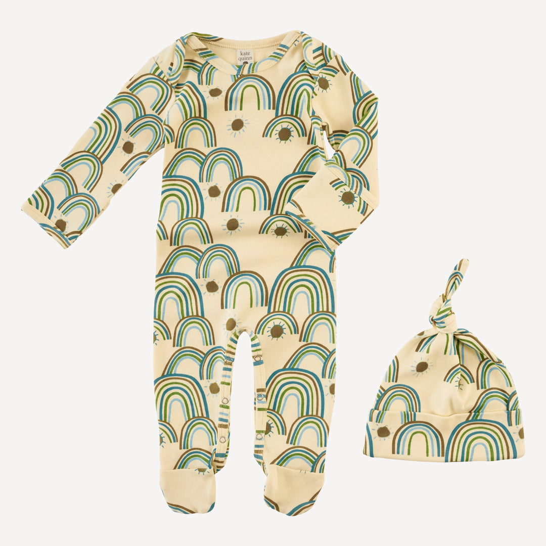 long sleeve lap neck footie + knot hat set | multi rainbow | organic cotton interlock