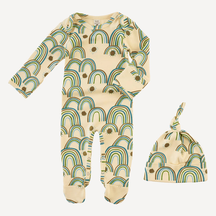 long sleeve lap neck footie + knot hat set | multi rainbow | organic cotton interlock
