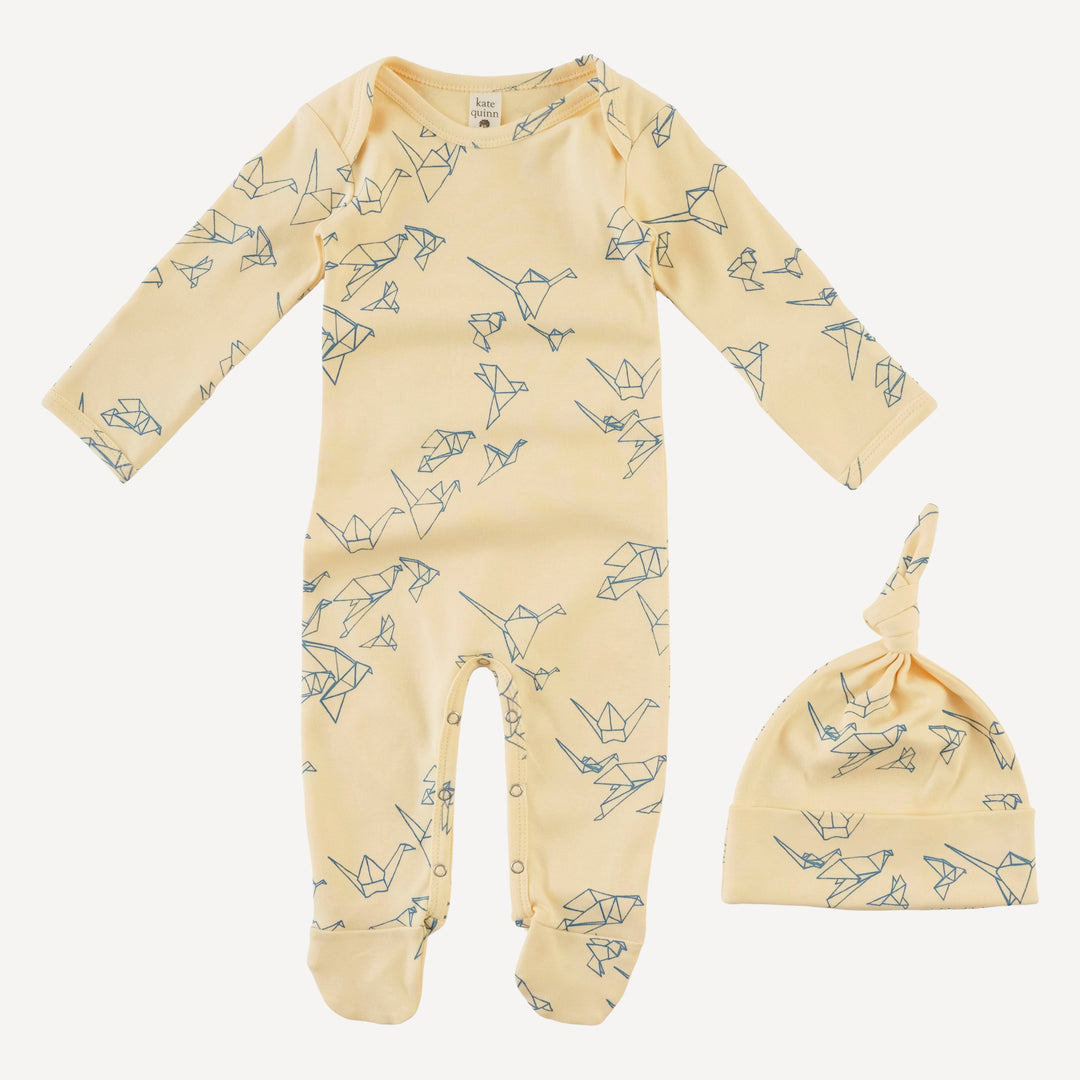 long sleeve lap neck footie + knot hat set | paper cranes | organic cotton interlock