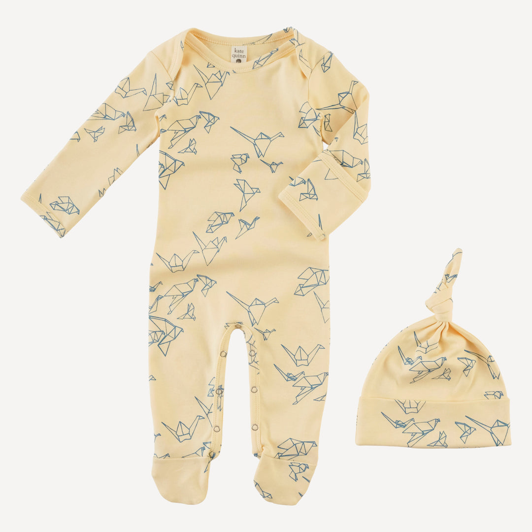 long sleeve lap neck footie + knot hat set | paper cranes | organic cotton interlock