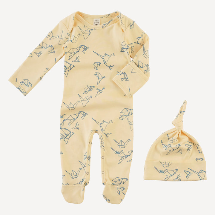 long sleeve lap neck footie + knot hat set | paper cranes | organic cotton interlock