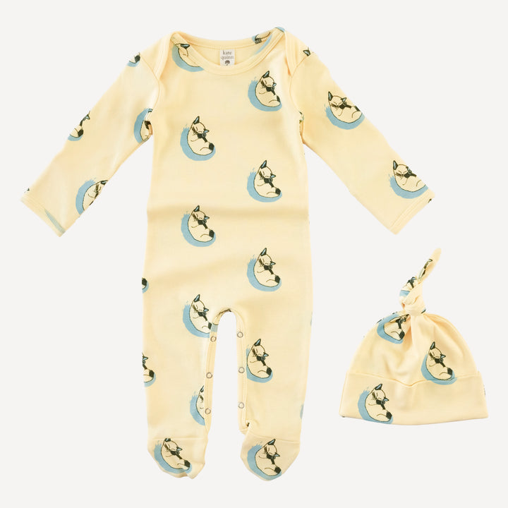 long sleeve lap neck footie + knot hat set | siamese cats | organic cotton interlock