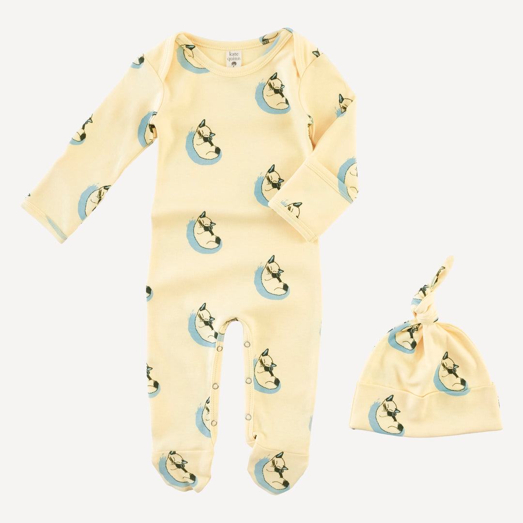 long sleeve lap neck footie + knot hat set | siamese cats | organic cotton interlock