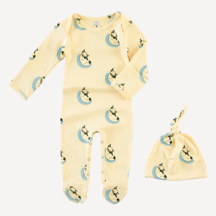 long sleeve lap neck footie + knot hat set | siamese cats | organic cotton interlock