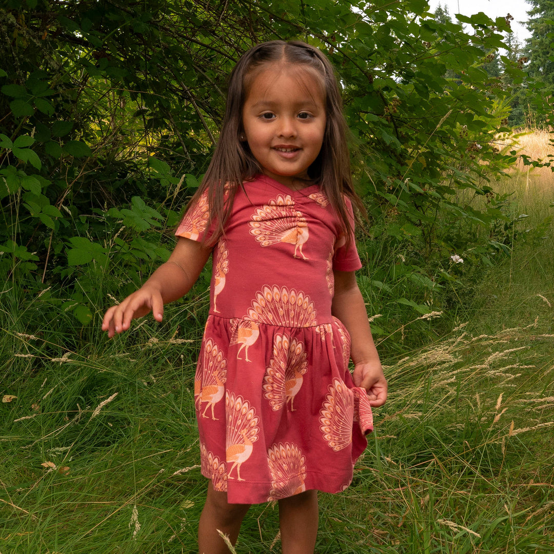 short sleeve twirl dress | orange peacock | organic cotton jersey