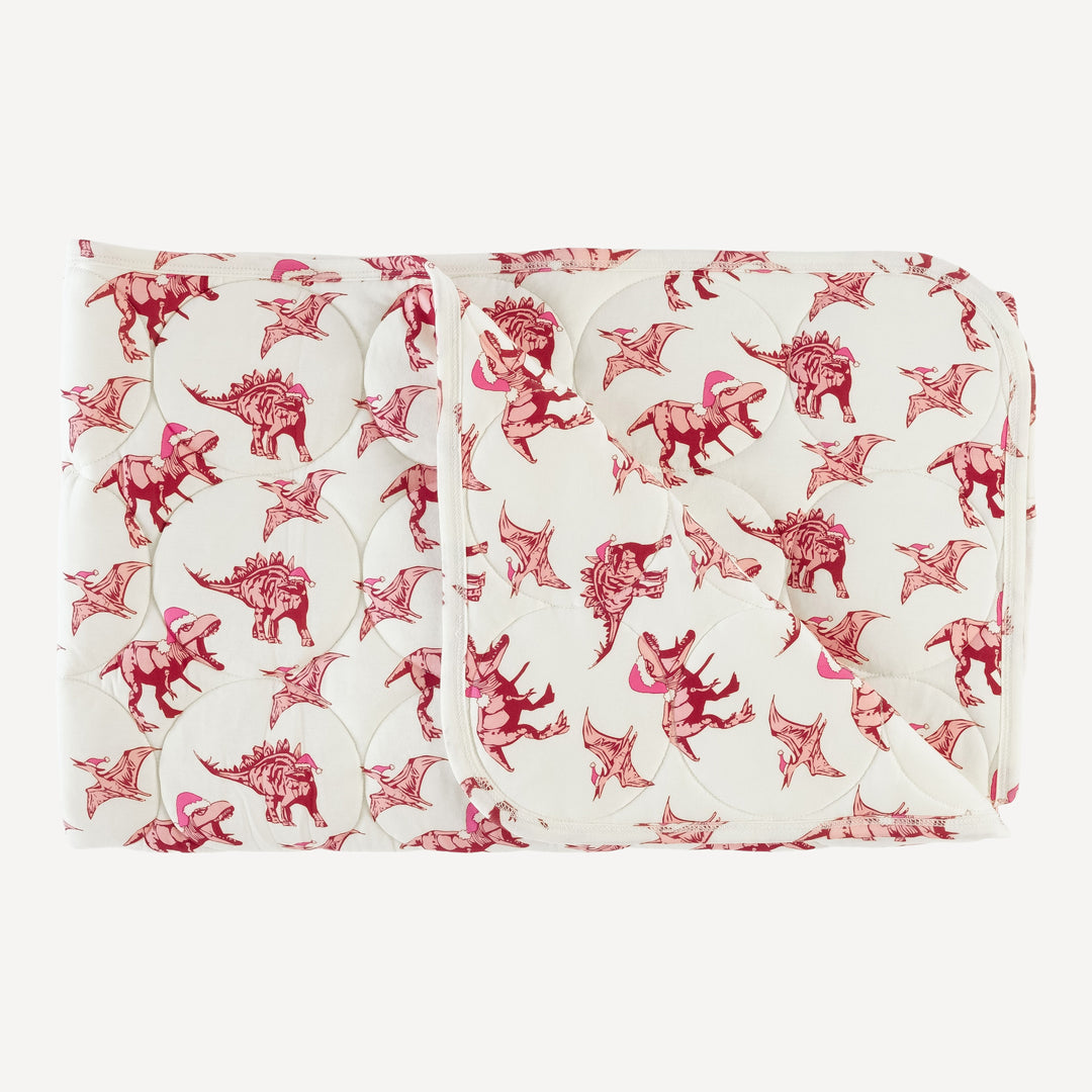 classic quilted stroller blanket | pink santa dinos | bamboo