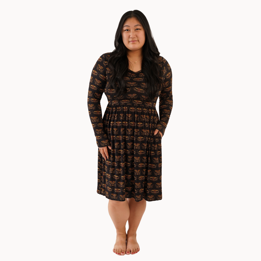 womens long sleeve twirl dress | moth floral | light weight bamboo
