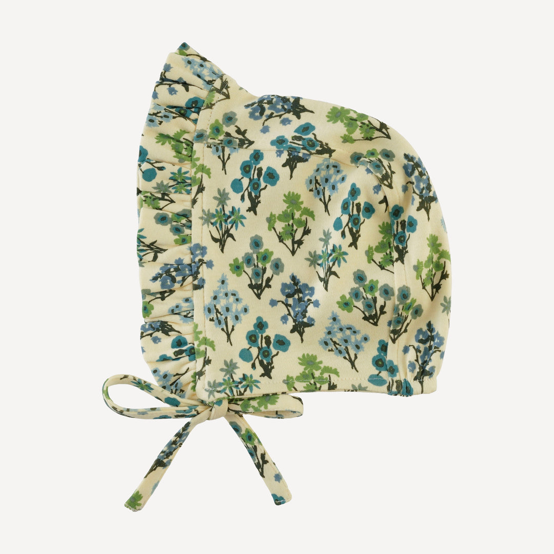 small ruffle bonnet | blue floral bouquet | organic cotton interlock