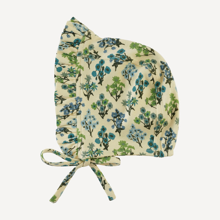small ruffle bonnet | blue floral bouquet | organic cotton interlock