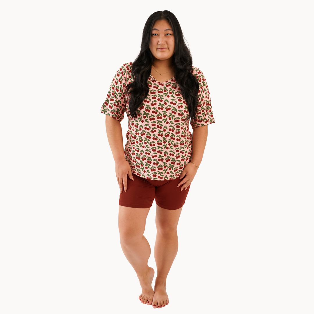 womens relaxed tee + bike short set | cherries | light weight bamboo