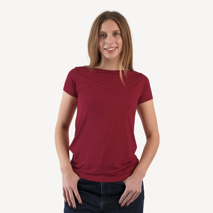 womens boat neck tee | red dahlia | bamboo