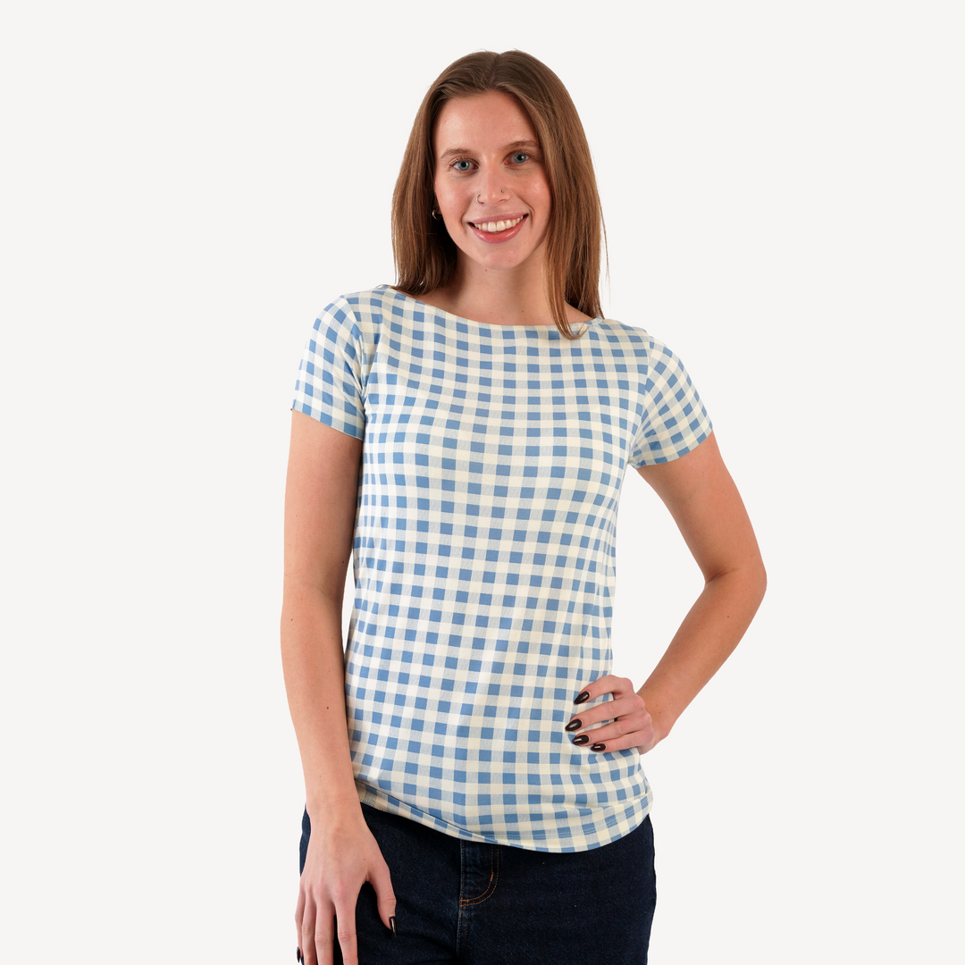 womens boat neck tee | blue gingham | bamboo