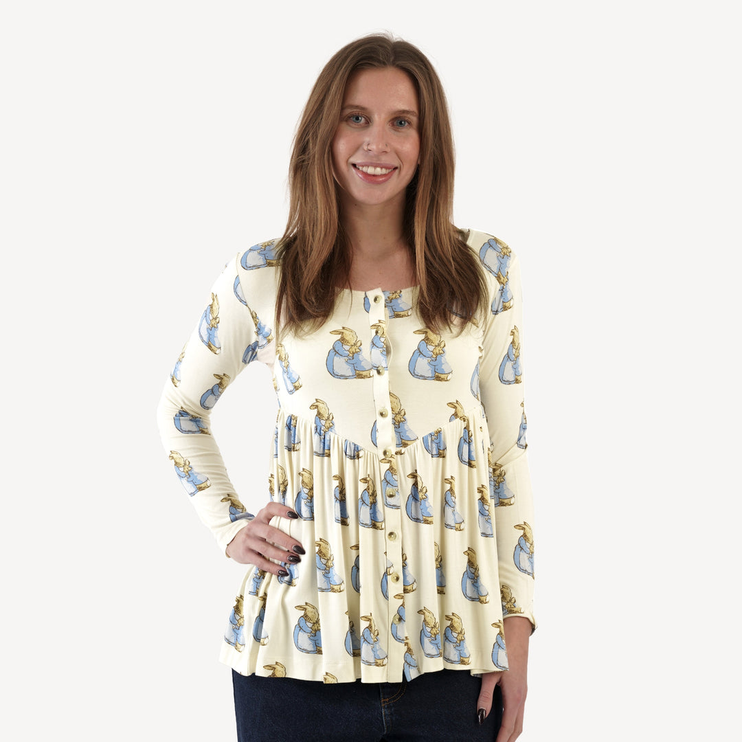 womens long sleeve button v-waist top | peter rabbit + mom | bamboo