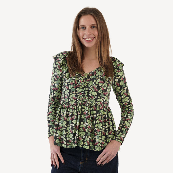 womens long sleeve ruffle v-neck top | strawberry vine | bamboo