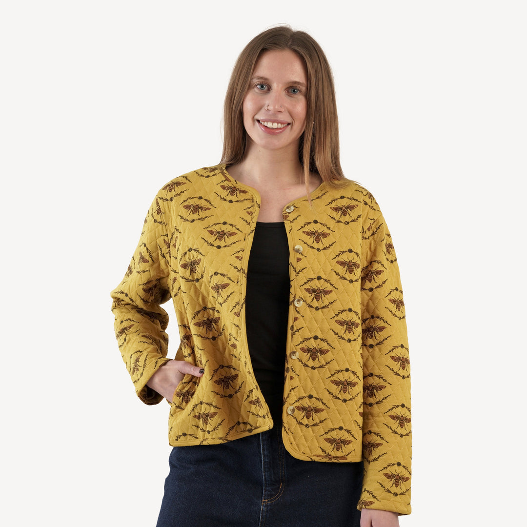 womens quilted jacket | golden floral bee | bamboo