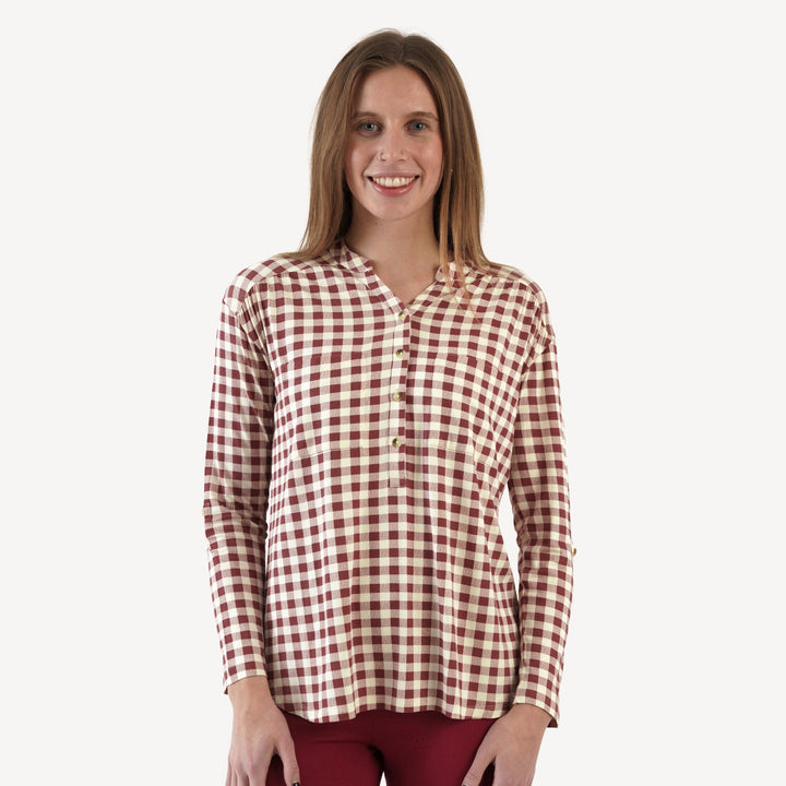 womens long sleeve gathered pocket henley tee | berry gingham | bamboo