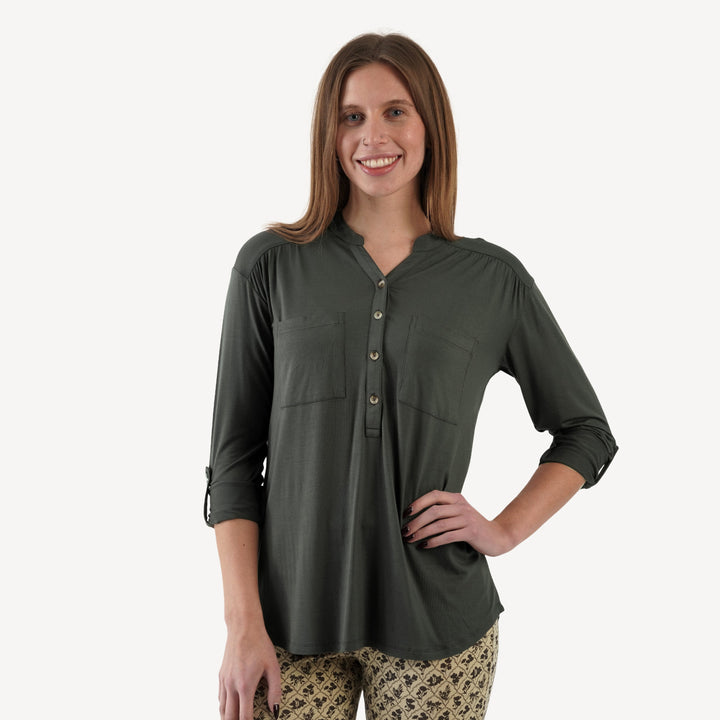womens long sleeve gathered pocket henley tee | beluga | bamboo